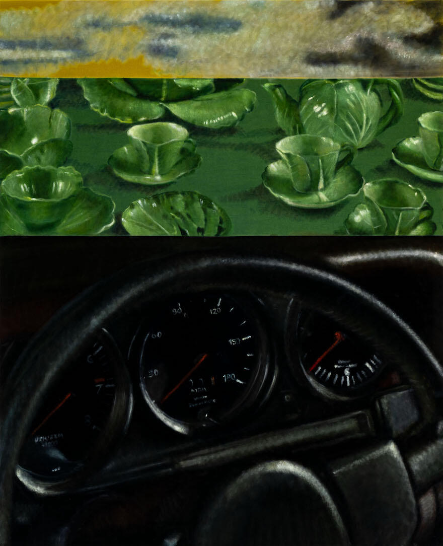 Painting by Issy Wood with 3 scenes including cups made of cabbages and a car steering wheel