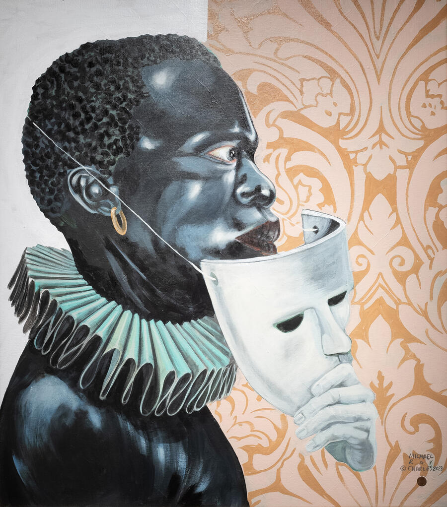 A black figure with white mask, facing right