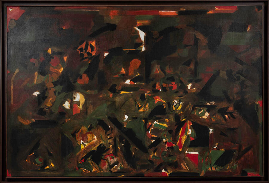 A dark abstract painting, landscape orientation, darker colors blocking lighter ones